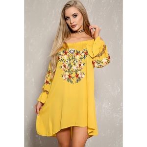 Sexy Mustard Floral Embroidered Off Shoulder Dress